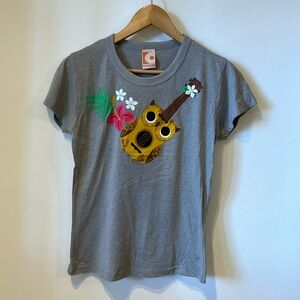 Y2K Gama-Go Owl Guitar Kidcore Graphic Tee, cartoon, gray, EUC, size L